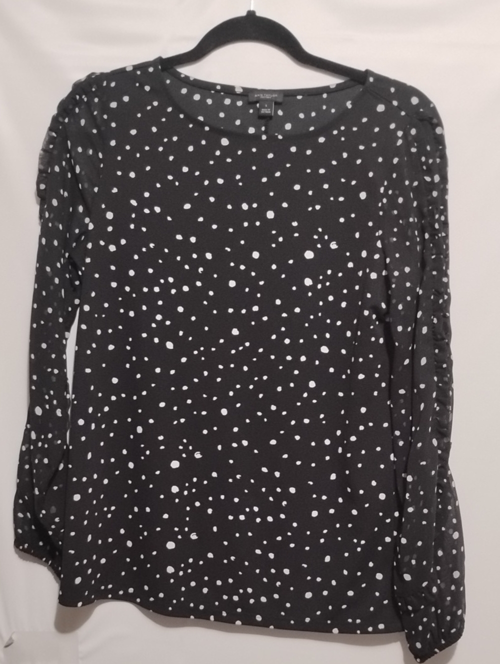Ann Taylor Factory Demi Sheer Ruffle Sleeve Black‎ Blouse with White Polka Dots